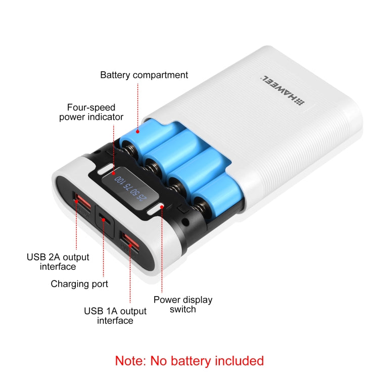 HAWEEL DIY 4x 18650 Battery (Not Included) 10000mAh Dual-way QC Charger Power Bank Shell Box with 2x USB Output & Display, Support PD / QC / SCP / FCP / AFC / PPS / PE (White) - Power Bank Box by HAWEEL | Online Shopping South Africa | PMC Jewellery | Buy Now Pay Later Mobicred