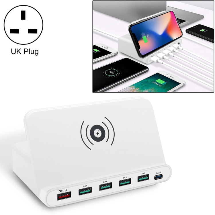 828W 7 in 1 60W QC 3.0 USB Interface + 4 USB Ports + USB-C / Type-C Interface + Wireless Charging Multi-function Charger with Mobile Phone Holder Function, UK Plug(White) - Multifunction Charger by PMC Jewellery | Online Shopping South Africa | PMC Jewellery | Buy Now Pay Later Mobicred