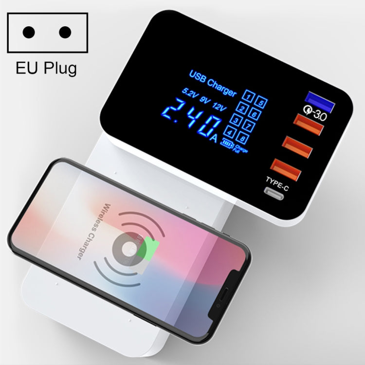 CDA33QW 40W QC 3.0 USB Ports + 3 USB Ports + USB-C / Type-C Ports + Wireless Charging Multi-function Foldable Charger with LED Display, EU Plug - Multifunction Charger by PMC Jewellery | Online Shopping South Africa | PMC Jewellery | Buy Now Pay Later Mobicred