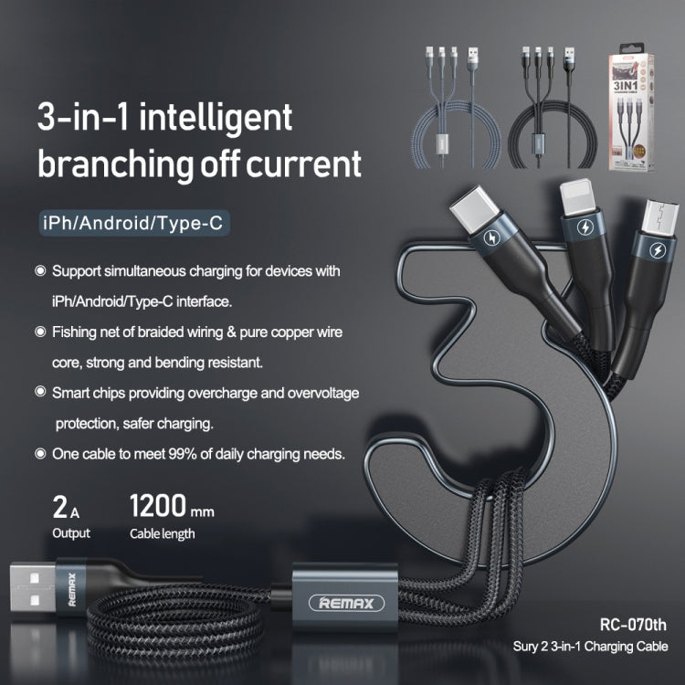 REMAX RC-070TH 1.2m 2A 3 in 1 USB to 8 Pin & USB-C / Type-C & Micro USB Charging Cable(Silver) - Multifunction Cable by REMAX | Online Shopping South Africa | PMC Jewellery | Buy Now Pay Later Mobicred