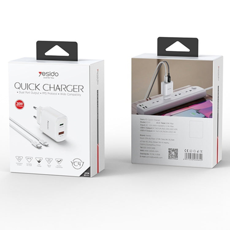 Yesido YC47 USB-C / Type-C + USB Travel Charger with 1m USB-C / Type-C to 8 Pin Cable, EU Plug (White) - USB Charger by Yesido | Online Shopping South Africa | PMC Jewellery | Buy Now Pay Later Mobicred