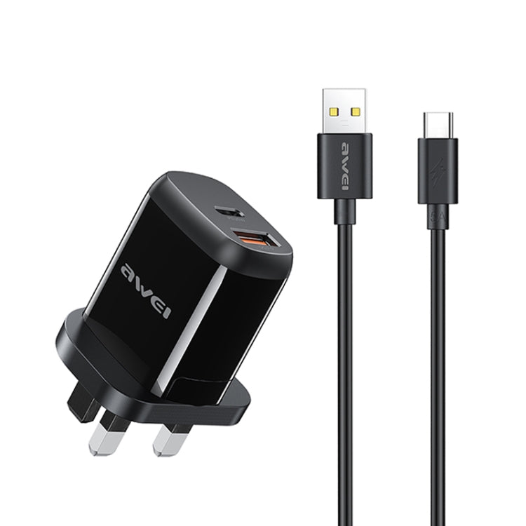 awei PD1 20W PD Type-C + QC 3.0 USB Interface Fast Charging Travel Charger with Data Cable, UK Plug - USB Charger by awei | Online Shopping South Africa | PMC Jewellery | Buy Now Pay Later Mobicred