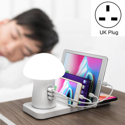 HQ-UD12 Universal 4 in 1 40W QC3.0 3 USB Ports + Wireless Charger Mobile Phone Charging Station with Mushroom Shape LED Light, Length: 1.2m, UK Plug(White) - Multifunction Charger by PMC Jewellery | Online Shopping South Africa | PMC Jewellery | Buy Now Pay Later Mobicred