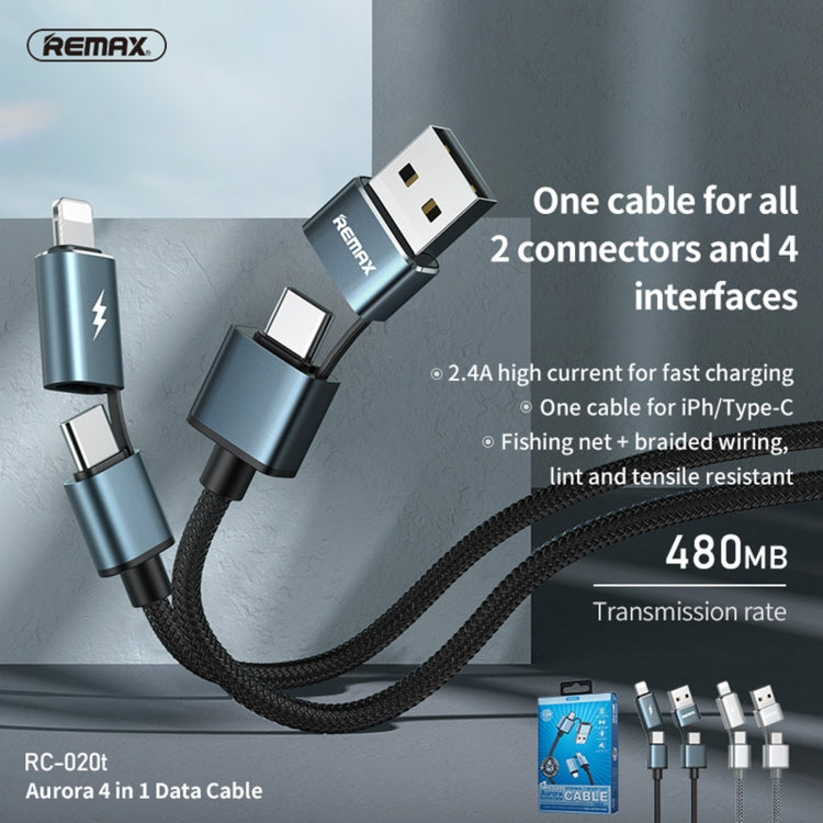 REMAX RC-020t 2.4A Aurora Series 4 in 1 8 Pin + USB +2 x Type-C Data Snyc Charging Cable, Cable Length: 1m(Silver) - Multifunction Cable by REMAX | Online Shopping South Africa | PMC Jewellery | Buy Now Pay Later Mobicred