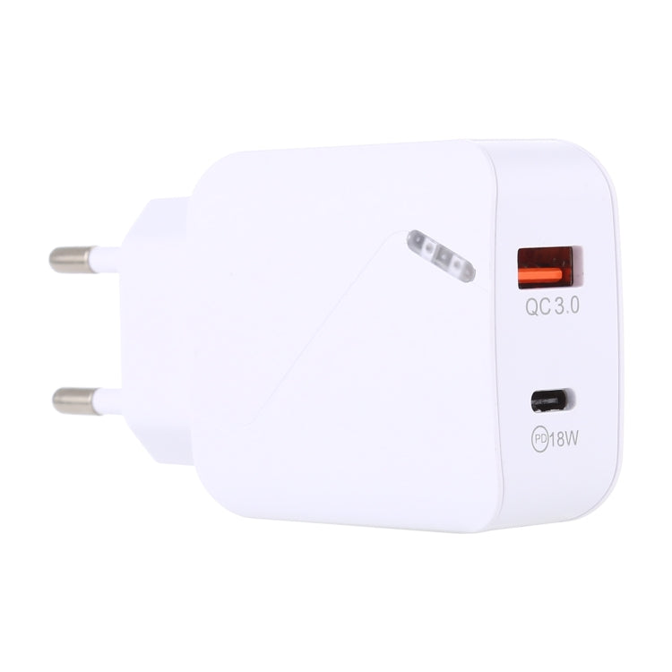 LZ-819A+C QC3.0 USB + PD 18W USB-C / Type-C Interfaces Travel Charger with Indicator Light, EU Plug (White) - USB Charger by PMC Jewellery | Online Shopping South Africa | PMC Jewellery | Buy Now Pay Later Mobicred