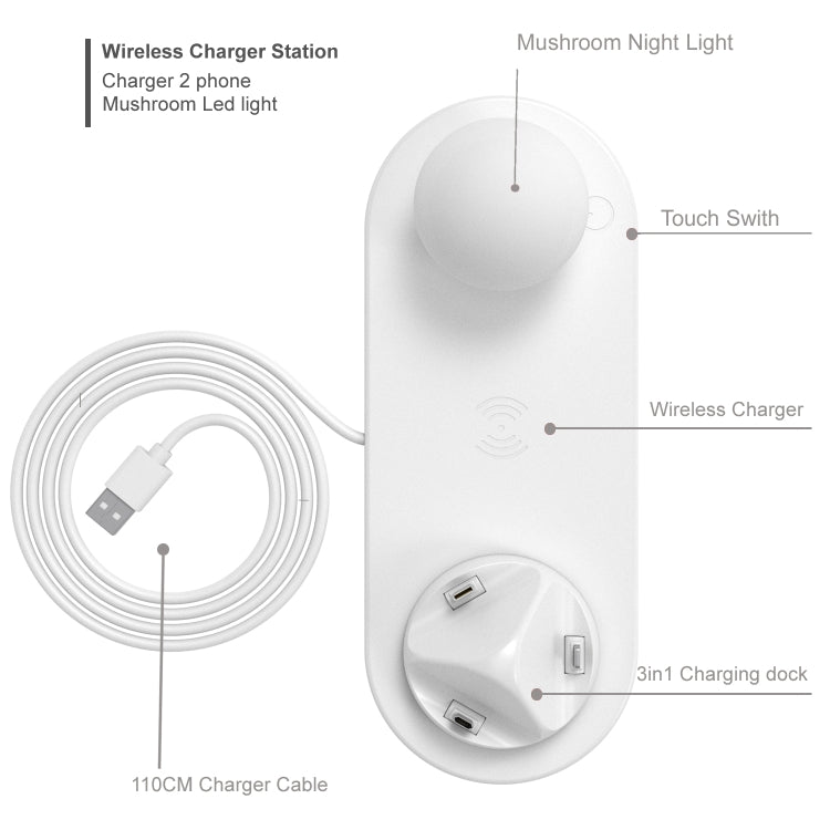 HQ-UD11 10W 4 in 1 Mobile Phone Fast Wireless Charger with Mushroom LED Light & Phone Holder, Length: 1.2m(White) - Multifunction Charger by PMC Jewellery | Online Shopping South Africa | PMC Jewellery | Buy Now Pay Later Mobicred