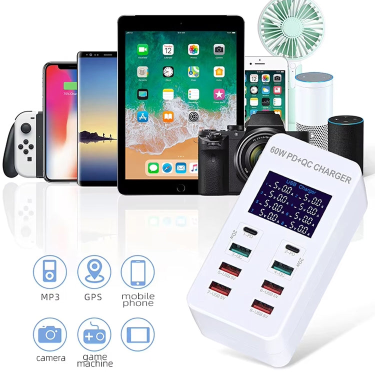 A8T 60W 8 Ports USB + QC3.0 + PD Type-C Smart Charging Station with Digital Display AC100-240V, AU Plug - Multifunction Charger by PMC Jewellery | Online Shopping South Africa | PMC Jewellery | Buy Now Pay Later Mobicred