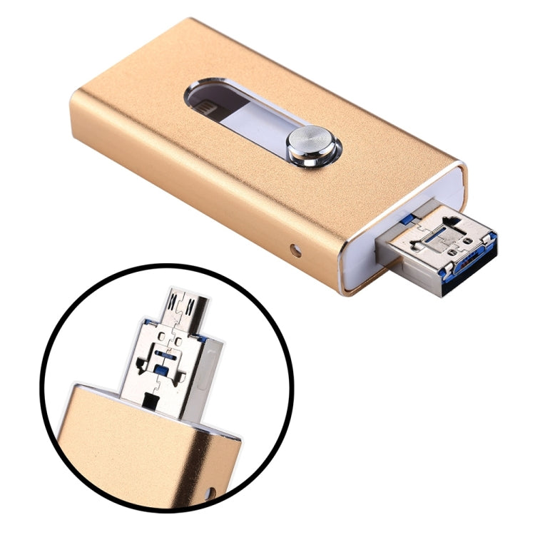 RQW-02 3 in 1 USB 2.0 & 8 Pin & Micro USB 32GB Flash Drive(Gold) - U Disk & Card Reader by PMC Jewellery | Online Shopping South Africa | PMC Jewellery | Buy Now Pay Later Mobicred