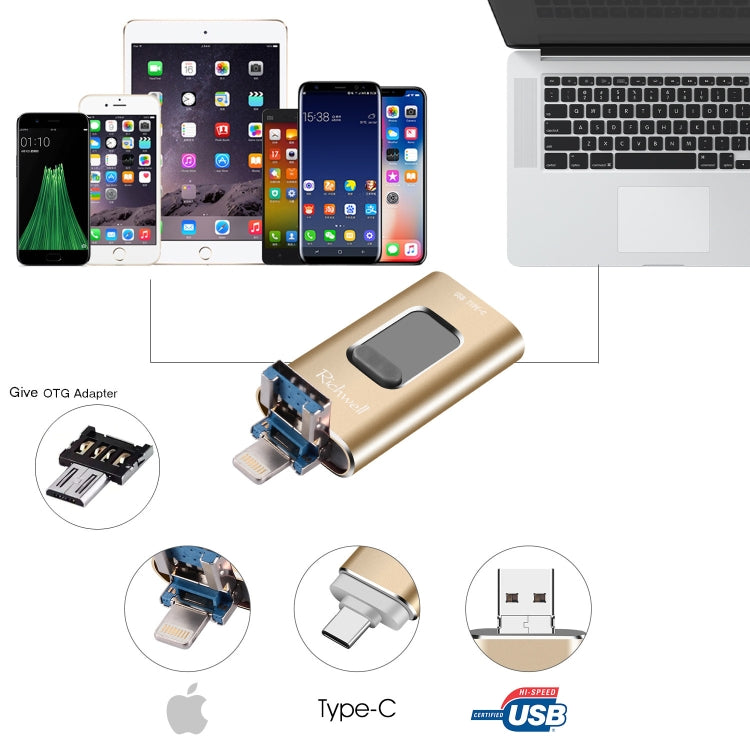 Richwell 3 in 1 16G Type-C + 8 Pin + USB 3.0 Metal Push-pull Flash Disk with OTG Function(Silver) - U Disk & Card Reader by Richwell | Online Shopping South Africa | PMC Jewellery | Buy Now Pay Later Mobicred