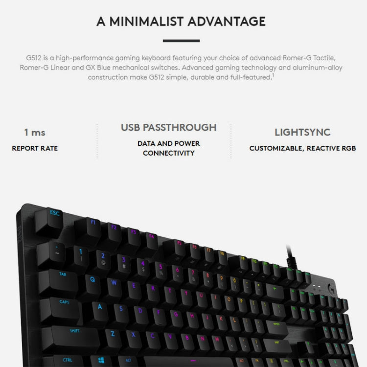 Logitech G512 RGB L-axis Mechanical Wired Gaming Keyboard, Length: 1.8m (Black) - Wired Keyboard by Logitech | Online Shopping South Africa | PMC Jewellery | Buy Now Pay Later Mobicred