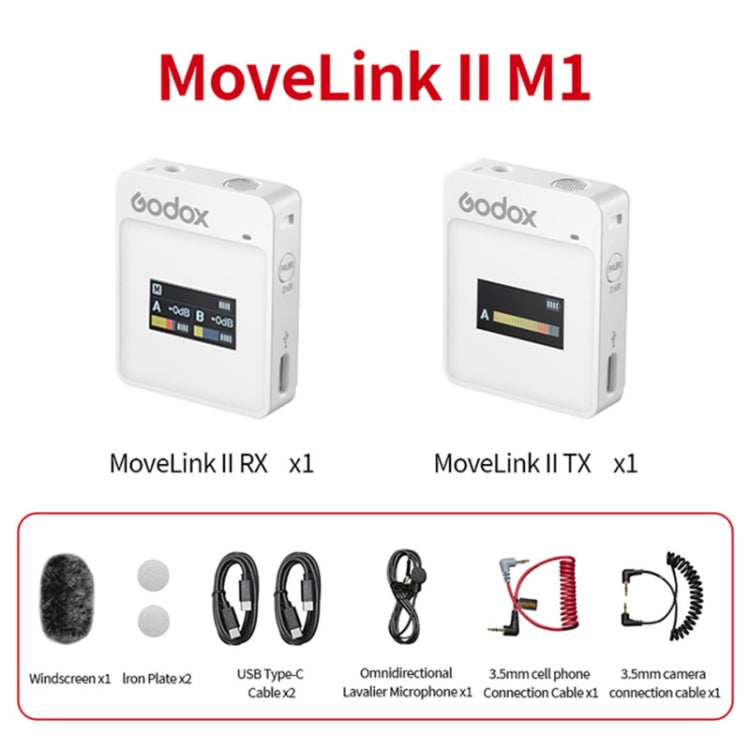 Godox MoveLink II M1 Wireless Lavalier Microphone System with Transmitters and Receiver for DSLR Cameras and Camcorders (White) - Camera Microphone by Godox | Online Shopping South Africa | PMC Jewellery | Buy Now Pay Later Mobicred