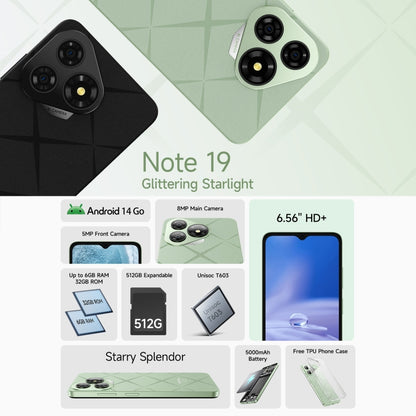 Ulefone Note 19, 3GB+32GB, Face ID & Side Fingerprint, 6.56 inch Android 14 Go Unisoc T603 Octa Core, Network: 4G, Dual SIM, OTG (Green) - Ulefone by Ulefone | Online Shopping South Africa | PMC Jewellery | Buy Now Pay Later Mobicred