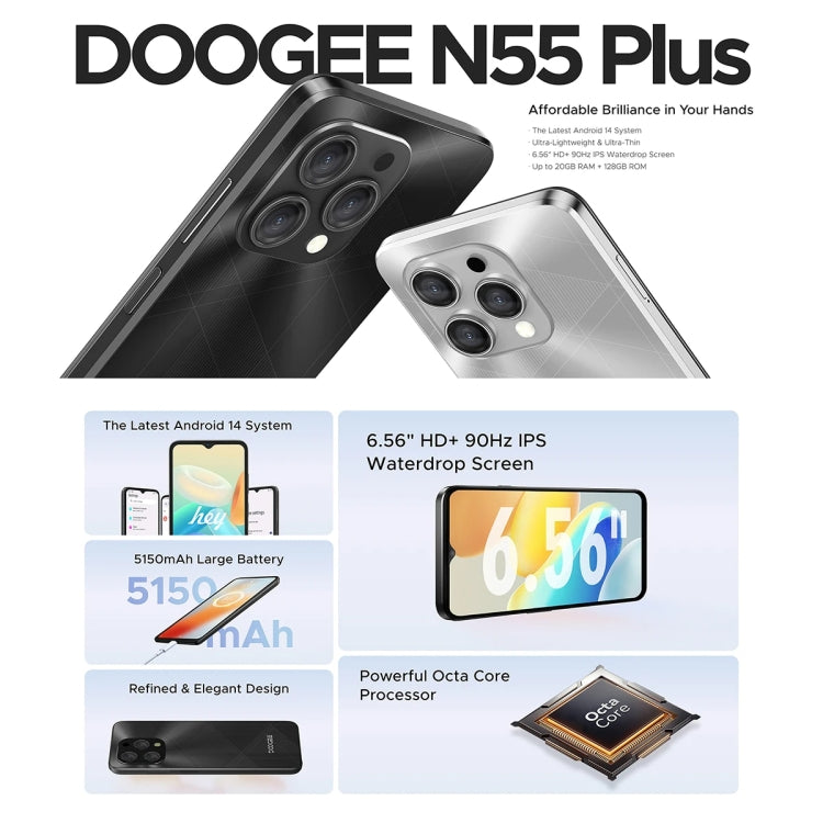 [HK Warehouse] DOOGEE N55 Plus, 8GB+128GB, 6.56 inch Android 14 Spreadtrum T606 Octa Core, Network: 4G, OTG (Black) - DOOGEE by DOOGEE | Online Shopping South Africa | PMC Jewellery | Buy Now Pay Later Mobicred