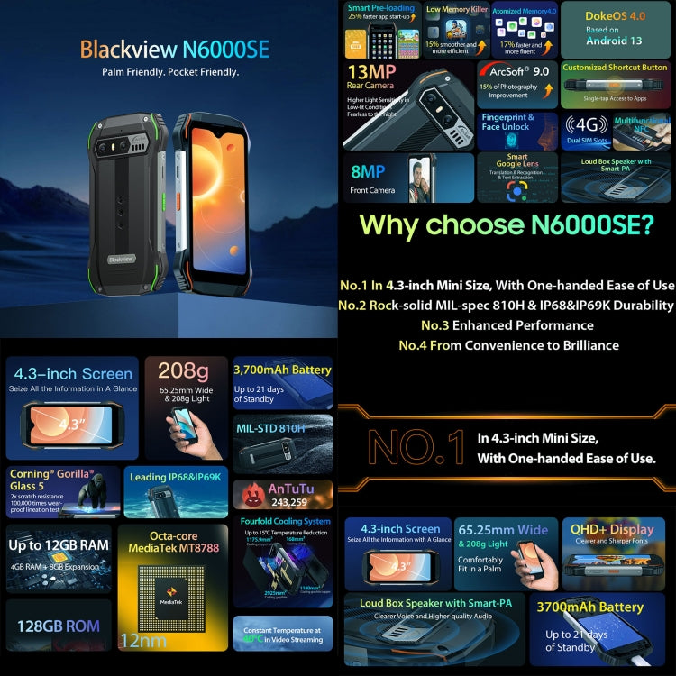 [HK Warehouse] Blackview N6000SE, IP68/IP69K/MIL-STD-810H, 4GB+128GB, 4.3 inch Android 13 MediaTek MT8788 Octa Core, Network: 4G, OTG, NFC (Green) - Blackview by Blackview | Online Shopping South Africa | PMC Jewellery | Buy Now Pay Later Mobicred