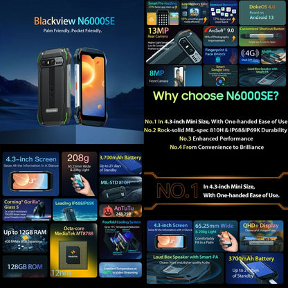 [HK Warehouse] Blackview N6000SE, IP68/IP69K/MIL-STD-810H, 4GB+128GB, 4.3 inch Android 13 MediaTek MT8788 Octa Core, Network: 4G, OTG, NFC (Black) - Blackview by Blackview | Online Shopping South Africa | PMC Jewellery | Buy Now Pay Later Mobicred