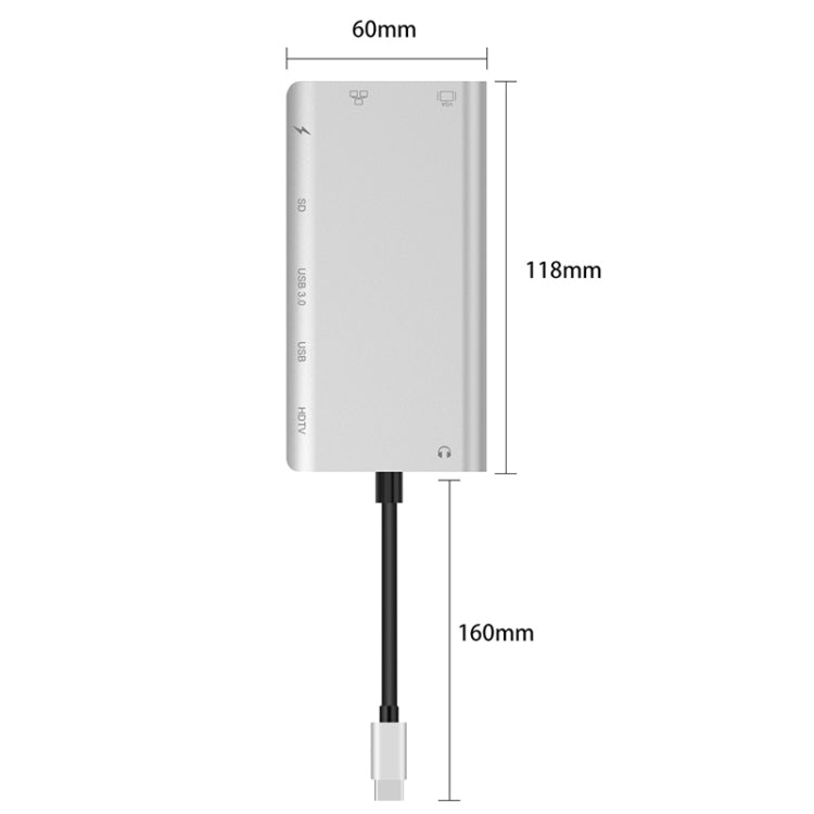 Onten 9591BD 8 in 1 USB-C / Type-C to PD USB-C / Type-C Charging + Gigabit Ethernet + Dual USB 3.0 + HDMI + VGA + SD Card Slot + 3.5mm AUX HUB(Silver) - USB HUB by Onten | Online Shopping South Africa | PMC Jewellery | Buy Now Pay Later Mobicred