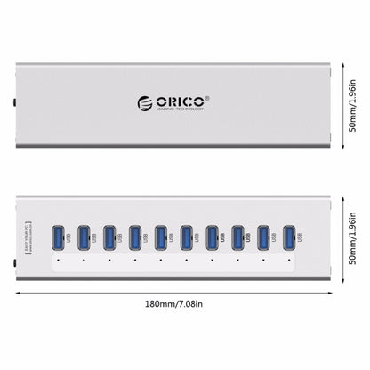 ORICO A3H10 Aluminum High Speed 10 Ports USB 3.0 HUB with Power Adapter for Laptops(Silver) - USB 3.0 HUB by ORICO | Online Shopping South Africa | PMC Jewellery | Buy Now Pay Later Mobicred