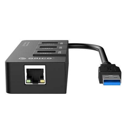 ORICO HR01-U3 ABS 3 Ports USB3.0 HUB Splitter with External RJ45 Gigabit Ethernet Network Card 5 Gbps for Laptops / Desktop / Ultrabook etc.(Black) - USB 3.0 HUB by ORICO | Online Shopping South Africa | PMC Jewellery | Buy Now Pay Later Mobicred