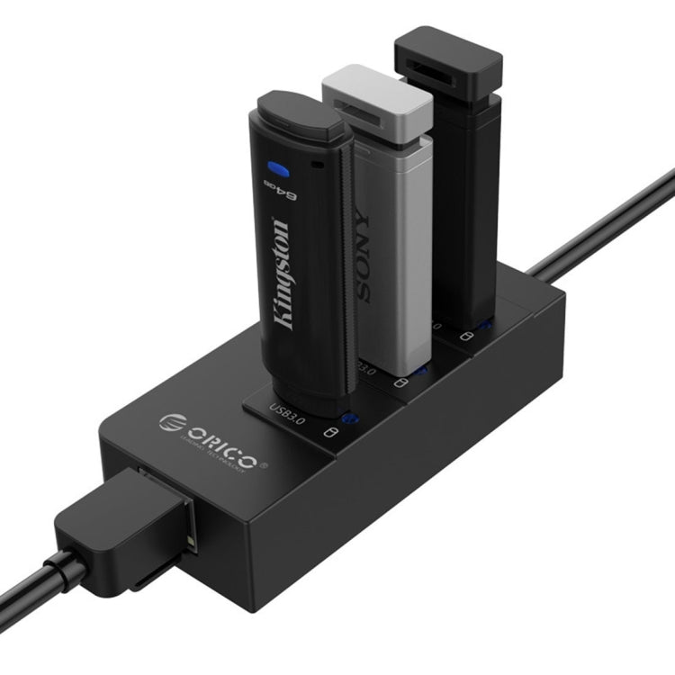 ORICO HR01-U3 ABS 3 Ports USB3.0 HUB Splitter with External RJ45 Gigabit Ethernet Network Card 5 Gbps for Laptops / Desktop / Ultrabook etc.(Black) - USB 3.0 HUB by ORICO | Online Shopping South Africa | PMC Jewellery | Buy Now Pay Later Mobicred