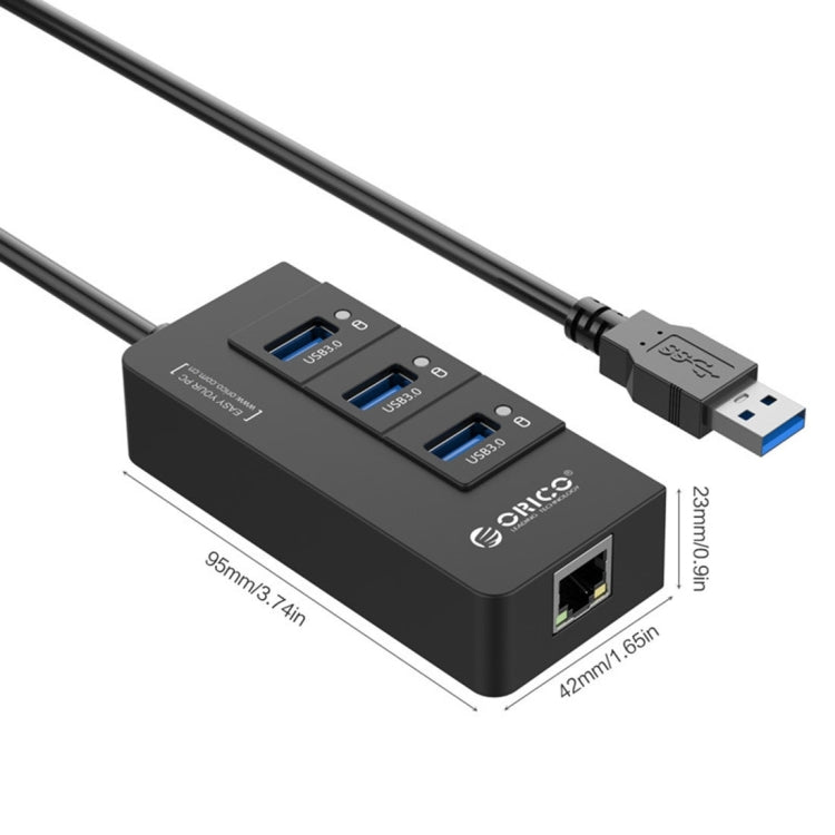 ORICO HR01-U3 ABS 3 Ports USB3.0 HUB Splitter with External RJ45 Gigabit Ethernet Network Card 5 Gbps for Laptops / Desktop / Ultrabook etc.(Black) - USB 3.0 HUB by ORICO | Online Shopping South Africa | PMC Jewellery | Buy Now Pay Later Mobicred