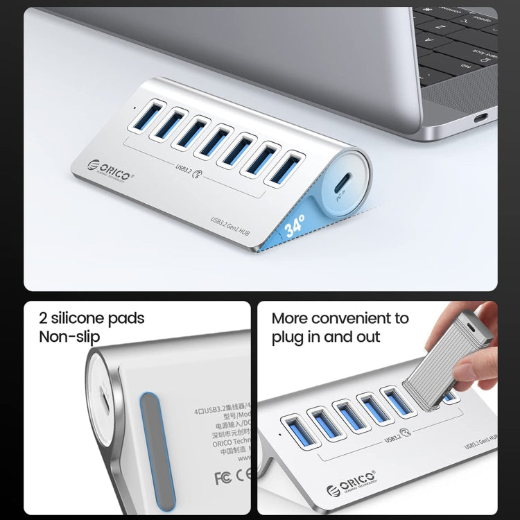 ORICO M3U7 Aluminum Alloy 7-Port USB 3.2 Gen1 5Gbps HUB with 0.5m Cable(Silver) - USB 3.0 HUB by ORICO | Online Shopping South Africa | PMC Jewellery | Buy Now Pay Later Mobicred