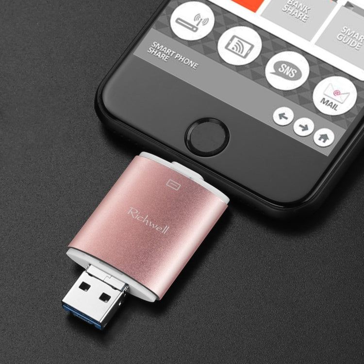 Richwell 3 in 1 64G Type-C + 8 Pin + USB 3.0 Metal Double Cover Push-pull Flash Disk with OTG Function(Rose Gold) - U Disk & Card Reader by Richwell | Online Shopping South Africa | PMC Jewellery | Buy Now Pay Later Mobicred