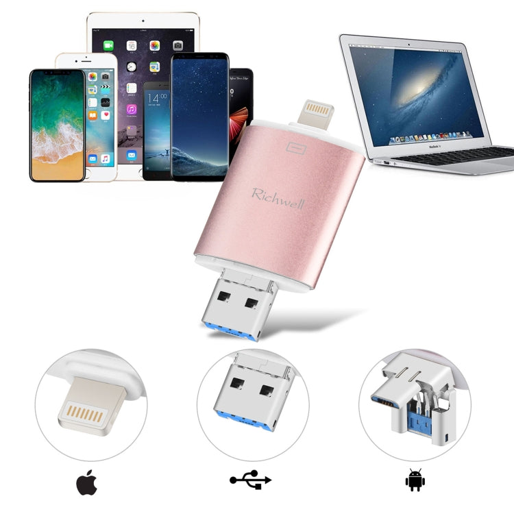 Richwell 3 in 1 64G Type-C + 8 Pin + USB 3.0 Metal Double Cover Push-pull Flash Disk with OTG Function(Silver) - U Disk & Card Reader by Richwell | Online Shopping South Africa | PMC Jewellery | Buy Now Pay Later Mobicred