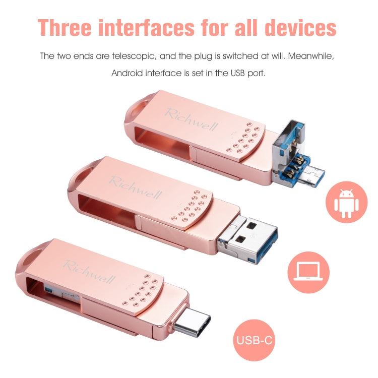 Richwell 3 in 1 128G Type-C + Micro USB + USB 3.0 Metal Flash Disk with OTG Function(Silver) - free shipping - PMC Jewellery - Order now!