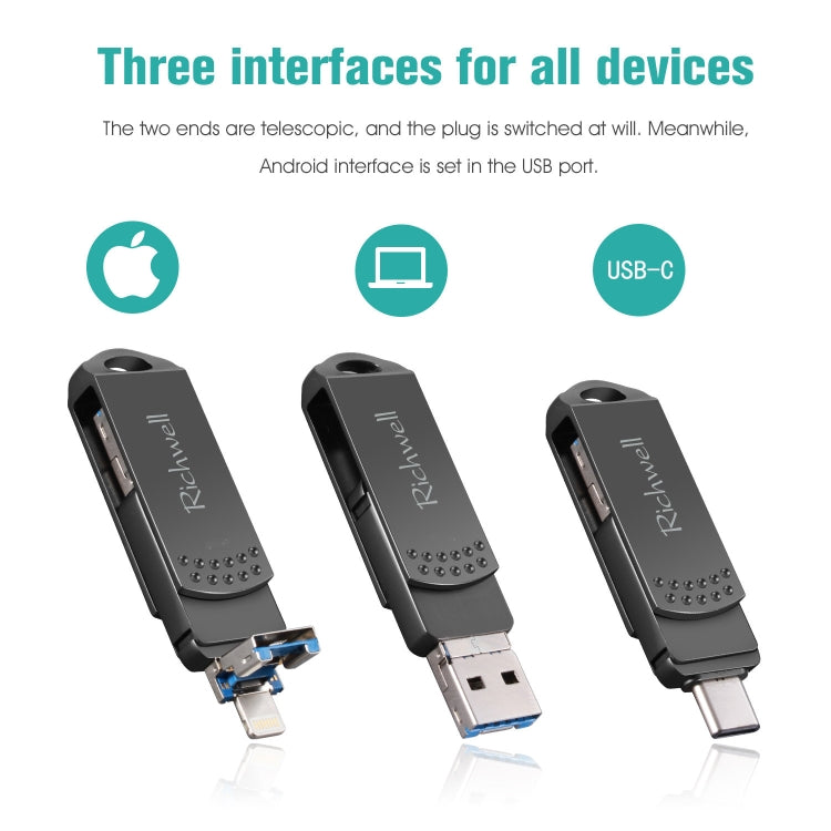 Richwell 128G Type-C + 8 Pin + USB 3.0 Metal Flash Disk with OTG Function(Rose Gold) - free shipping - PMC Jewellery - Order now!