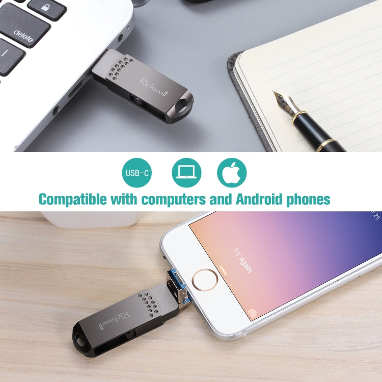 Richwell 128G Type-C + 8 Pin + USB 3.0 Metal Flash Disk with OTG Function(Rose Gold) - U Disk & Card Reader by Richwell | Online Shopping South Africa | PMC Jewellery | Buy Now Pay Later Mobicred