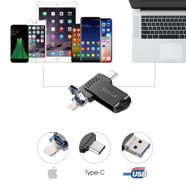 Richwell 128G Type-C + 8 Pin + USB 3.0 Metal Flash Disk with OTG Function(Silver) - free shipping - PMC Jewellery - Order now!