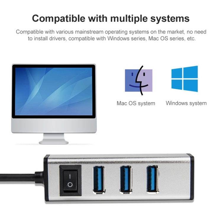 USB-C / Type-C to 4 USB 3.0 Ports Aluminum Alloy HUB with Switch (Grey) - USB HUB by PMC Jewellery | Online Shopping South Africa | PMC Jewellery | Buy Now Pay Later Mobicred