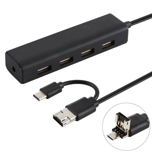 3 in 1 USB-C / Type-C + Micro USB + 4 x USB 2.0 Ports HUB Converter, Cable Length: 12cm(Black) - USB 2.0 HUB by PMC Jewellery | Online Shopping South Africa | PMC Jewellery | Buy Now Pay Later Mobicred