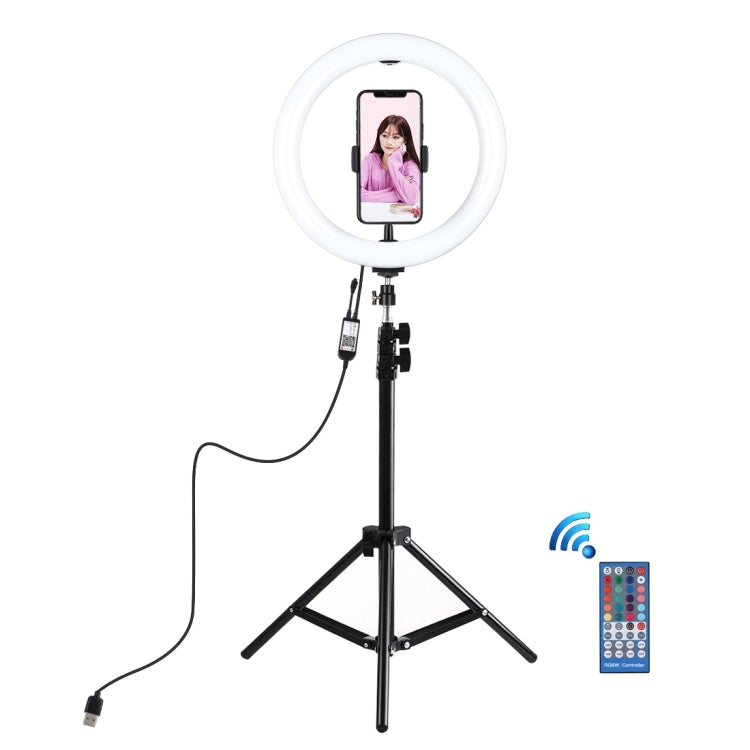 PULUZ 1.1m Tripod Mount + 10.2 inch 26cm RGBW LED Ring Vlogging Video Light  Live Broadcast Kits with Remote Control & Cold Shoe Tripod Ball Head & Phone Clamp(Black) - Ring Light by PULUZ | Online Shopping South Africa | PMC Jewellery | Buy Now Pay Later Mobicred