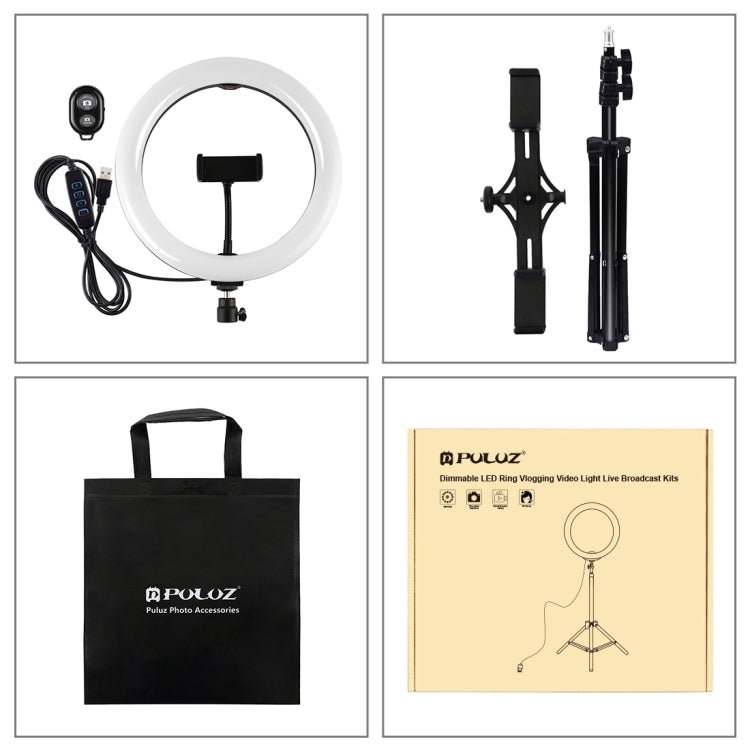 PULUZ 10.2 inch 26cm Light + 1.1m Tripod Mount + Dual Phone Brackets USB 3 Modes Dimmable Dual Color Temperature LED Curved Diffuse Light Ring Vlogging Selfie Photography Video Lights with Phone Clamp & Selfie Remote Control(Black) - Ring Light by PULUZ | Online Shopping South Africa | PMC Jewellery | Buy Now Pay Later Mobicred