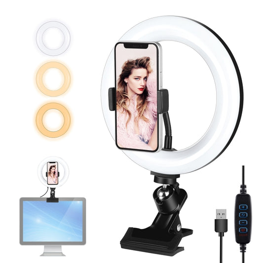 PULUZ 7.9 inch 20cm Ring Selfie Light + Monitor Clip 3 Modes USB Dimmable Dual Color Temperature LED Curved Vlogging Photography Video Lights Kits with Phone Clamp(Black) - Ring Light by PULUZ | Online Shopping South Africa | PMC Jewellery | Buy Now Pay Later Mobicred