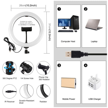 PULUZ 10.2 inch 26cm Curved Surface USB RGBW Dimmable LED Ring Vlogging Photography Video Lights with Tripod Ball Head & Remote Control & Phone Clamp(Black) - Ring Light by PULUZ | Online Shopping South Africa | PMC Jewellery | Buy Now Pay Later Mobicred