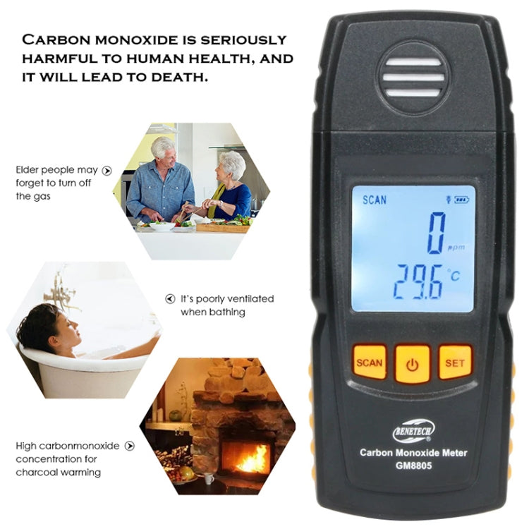 BENETECH GM8805 LCD Display Handheld Carbon Monoxide CO Monitor Detector Meter Tester, Measure Range: 0-1000ppm(Black) - Gas Monitor by BENETECH | Online Shopping South Africa | PMC Jewellery | Buy Now Pay Later Mobicred