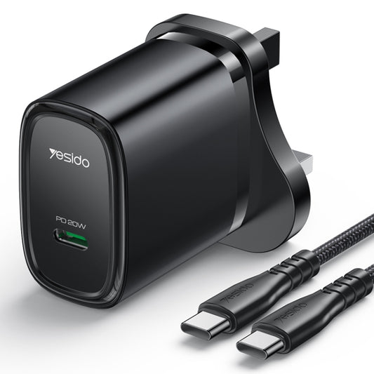 Yesido YC76BC PD 20W USB-C / Type-C Port Quick Charger with Type-C to Type-C Cable, UK Plug (Black) - USB Charger by Yesido | Online Shopping South Africa | PMC Jewellery | Buy Now Pay Later Mobicred