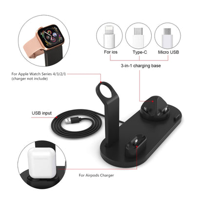 HQ-UD15 5 in 1 Micro USB + USB-C / Type-C + 8 Pin Interface Phone Charging Base with 8 Pin Earphone Charging Interface & Watch Stand, Without Wireless Charger (Black) - Multifunction Charger by PMC Jewellery | Online Shopping South Africa | PMC Jewellery | Buy Now Pay Later Mobicred