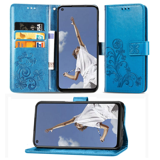 For OPPO A72/A52/A92 Four-leaf Clasp Embossed Buckle Mobile Phone Protection Leather Case with Lanyard & Card Slot & Wallet & Bracket Function(Blue) - OPPO Cases by PMC Jewellery | Online Shopping South Africa | PMC Jewellery | Buy Now Pay Later Mobicred