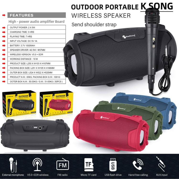 NewRixing NR3026M TWS Outdoor Portable K-song Bluetooth Speaker with Shoulder Strap & Microphone, Support TF Card / FM(Blue) - Desktop Speaker by NewRixing | Online Shopping South Africa | PMC Jewellery | Buy Now Pay Later Mobicred