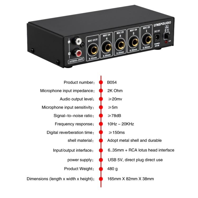B054 4-Channel Microphone Mixer Support Stereo Output With Reverb Treble And Bass Adjustment, USB 5V Power Supply, US Plug -  by PMC TechLife | Online Shopping South Africa | PMC TechLife