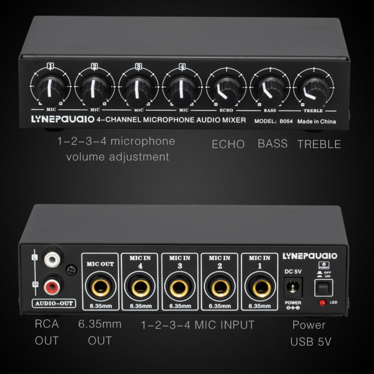 B054 4-Channel Microphone Mixer Support Stereo Output With Reverb Treble And Bass Adjustment, USB 5V Power Supply, US Plug -  by PMC TechLife | Online Shopping South Africa | PMC TechLife