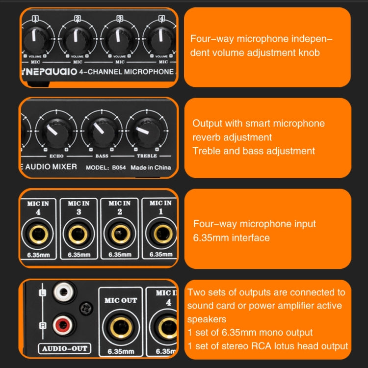 B054 4-Channel Microphone Mixer Support Stereo Output With Reverb Treble And Bass Adjustment, USB 5V Power Supply, US Plug -  by PMC TechLife | Online Shopping South Africa | PMC TechLife