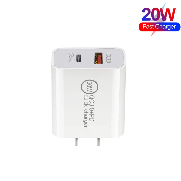 20W PD Type-C + QC 3.0 USB Interface Fast Charging Travel Charger with USB-C / Type-C to 8 Pin Fast Charge Data Cable US Plug - USB Charger by PMC Jewellery | Online Shopping South Africa | PMC Jewellery | Buy Now Pay Later Mobicred