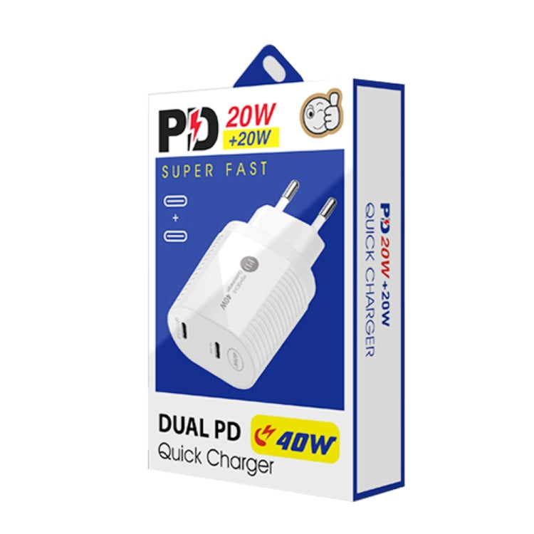 40W Dual Port PD / Type-C Fast Charger with Type-C to 8 Pin Data Cable, EU Plug(White) - USB Charger by PMC Jewellery | Online Shopping South Africa | PMC Jewellery | Buy Now Pay Later Mobicred