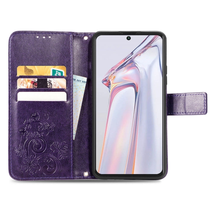 For Blackview A100 Four-leaf Clasp Embossed Buckle Mobile Phone Protection Leather Case with Lanyard & Card Slot & Wallet & Bracket Function(Purple) - More Brand by PMC Jewellery | Online Shopping South Africa | PMC Jewellery | Buy Now Pay Later Mobicred