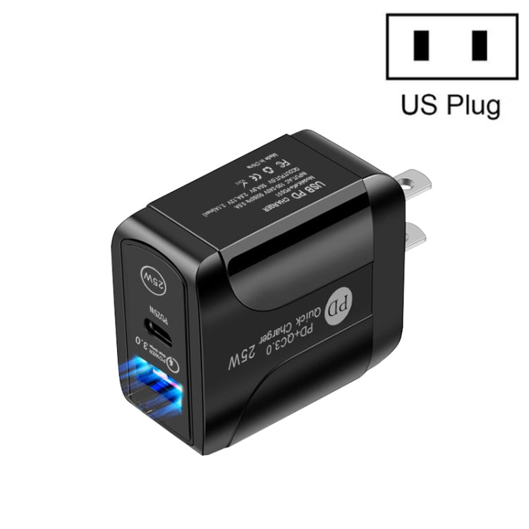 PD25W USB-C / Type-C + QC3.0 USB Dual Ports Fast Charger, US Plug(Black) - USB Charger by PMC Jewellery | Online Shopping South Africa | PMC Jewellery | Buy Now Pay Later Mobicred