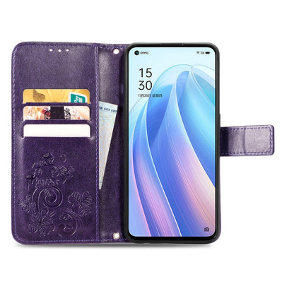 For OPPO Reno7 5G Four-leaf Clasp Embossed Buckle Leather Phone Case(Purple) - OPPO Cases by PMC Jewellery | Online Shopping South Africa | PMC Jewellery | Buy Now Pay Later Mobicred
